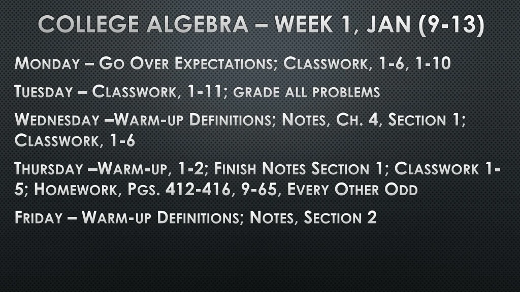 college algebra week 1 jan 9 13