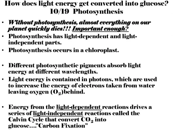 How does light energy get converted into glucose? 10/19 Photosynthesis