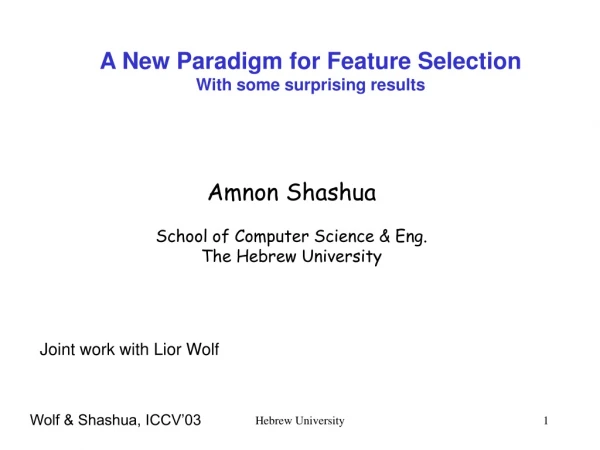 A New Paradigm for Feature Selection With some surprising results