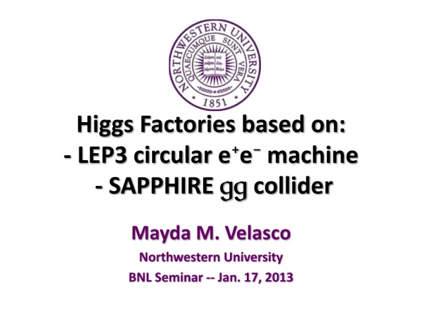 Higgs Factories based on: - LEP3 circular e + e - machine - SAPPHIRE gg collider