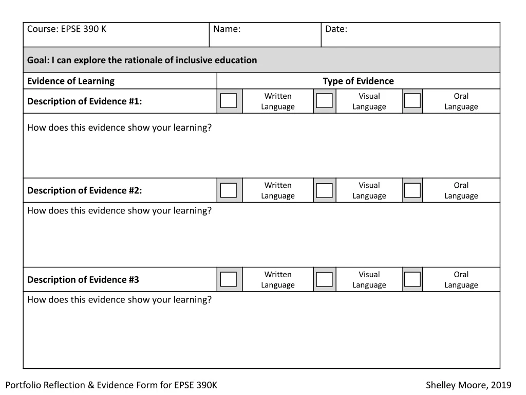 portfolio reflection evidence form for epse 390k