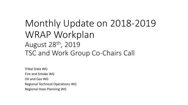 Monthly Update on 2018-2019 WRAP Workplan August 28 th , 2019 TSC and Work Group Co-Chairs Call