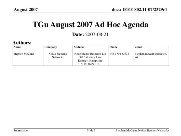 TGu August 2007 Ad Hoc Agenda