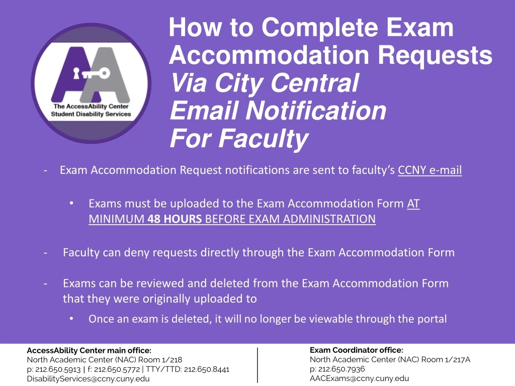 how to complete exam accommodation requests via city central email notification for faculty