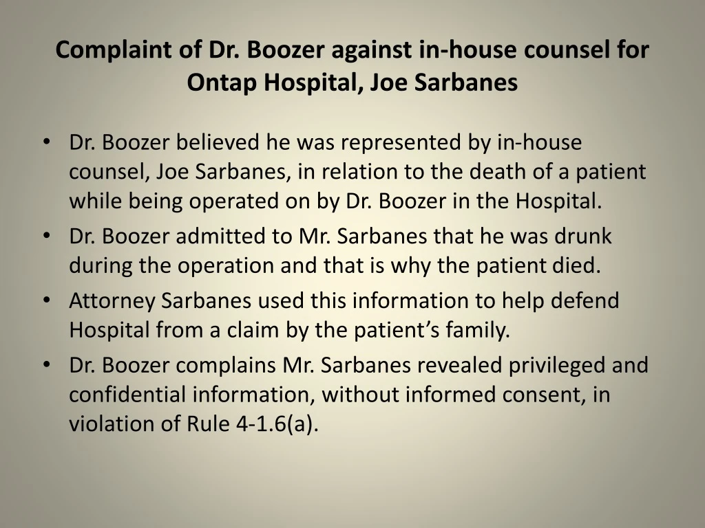 complaint of dr boozer against in house counsel for ontap hospital joe sarbanes