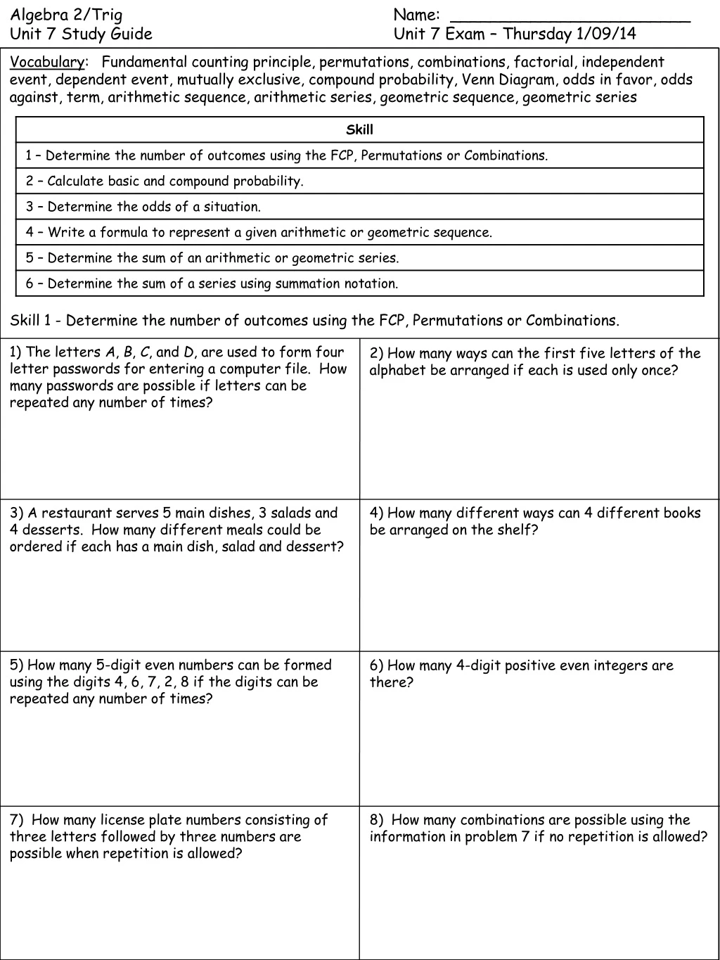 algebra 2 trig name unit 7 study guide unit