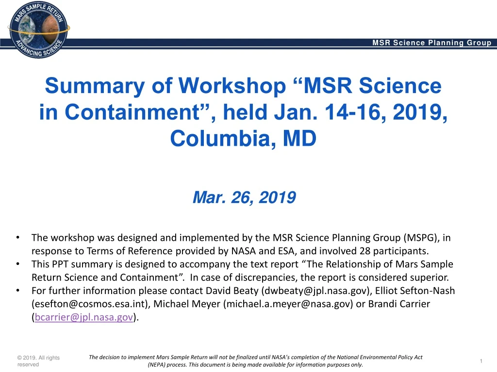 summary of workshop msr science in containment held jan 14 16 2019 columbia md mar 26 2019