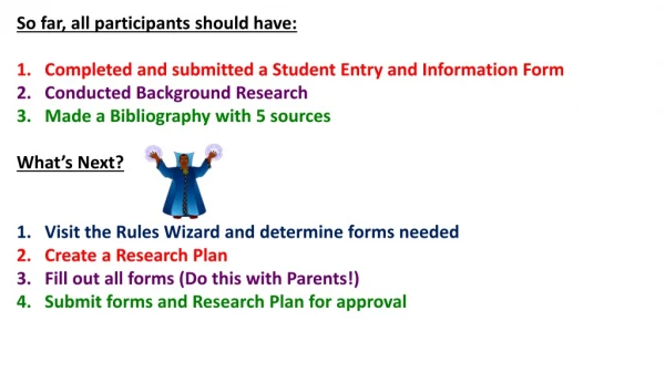 So far, all participants should have: Completed and submitted a Student Entry and Information Form