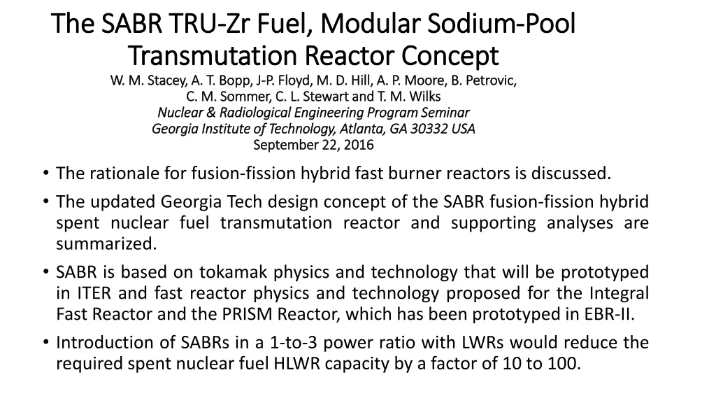 the sabr tru zr fuel modular sodium pool