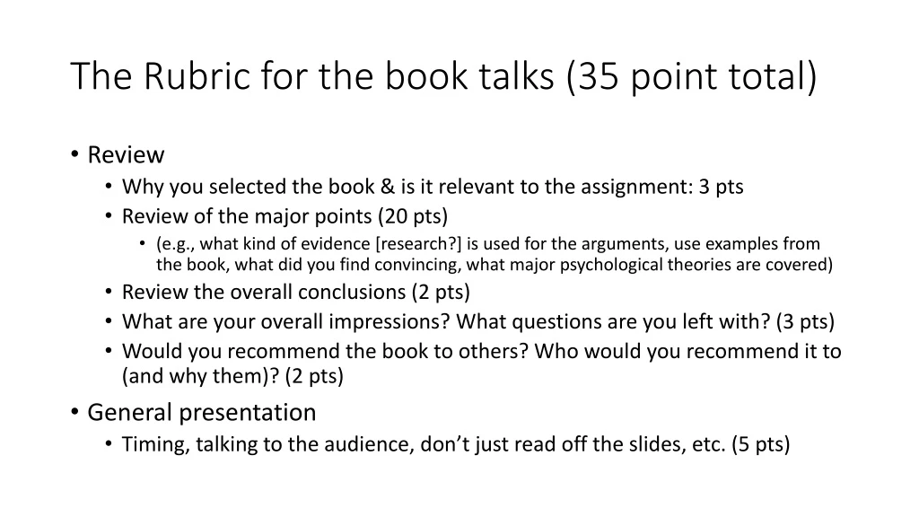 the rubric for the book talks 35 point total