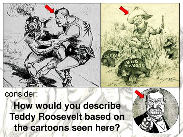 How would you describe Teddy Roosevelt based on the cartoons seen here?