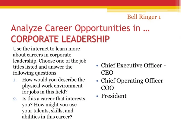 Analyze Career Opportunities in … CORPORATE LEADERSHIP