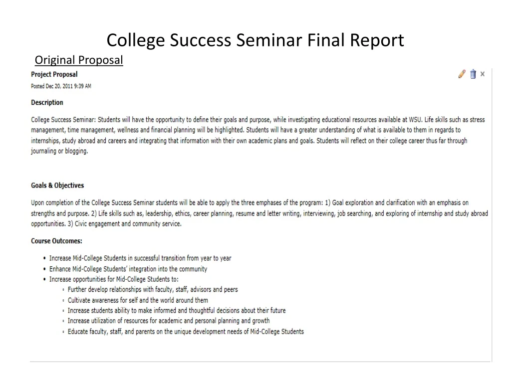 college success seminar final report