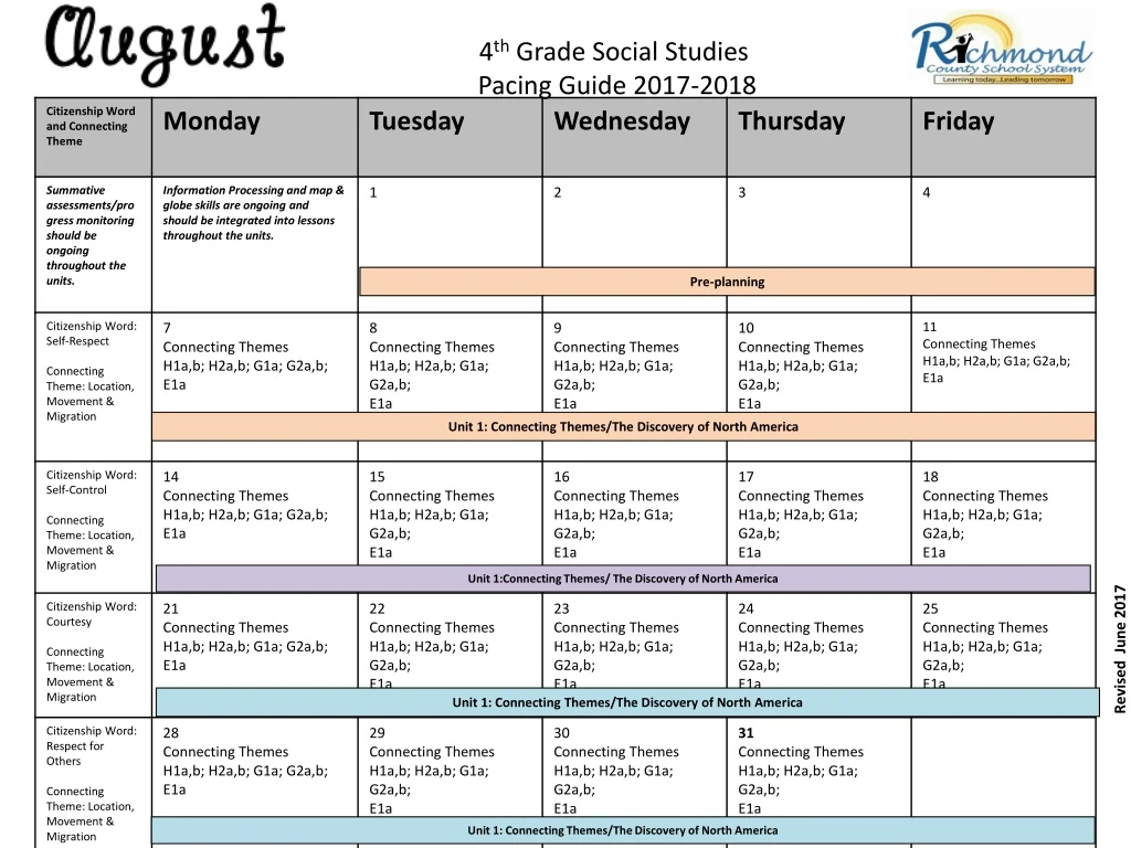 4 th grade social studies pacing guide 2017 2018