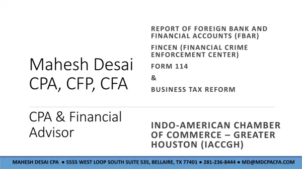 Mahesh Desai CPA, CFP, CFA CPA &amp; Financial Advisor