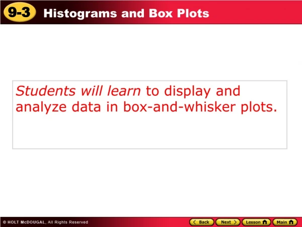 Students will learn to display and analyze data in box-and-whisker plots.