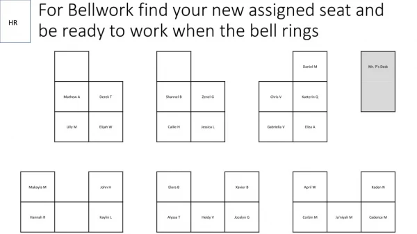 For Bellwork find your new assigned seat and be ready to work when the bell rings