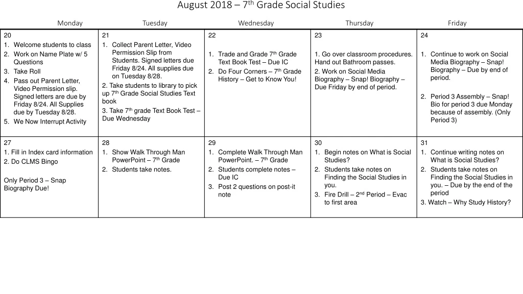 august 2018 7 th grade social studies monday tuesday wednesday thursday friday