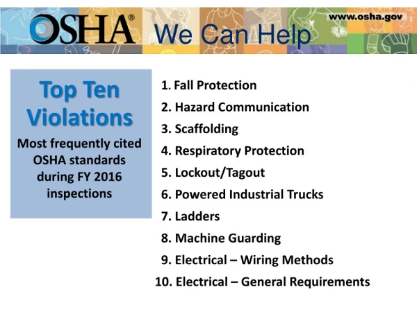 Top Ten Violations Most frequently cited OSHA standards during FY 2016 inspections