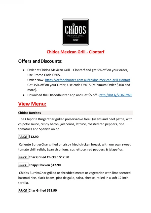 Chidos Mexican Grill menu - Mexican food Delivery and takeaway Clontarf, QLD