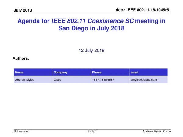 Agenda for IEEE 802.11 Coexistence SC meeting in San Diego in July 2018
