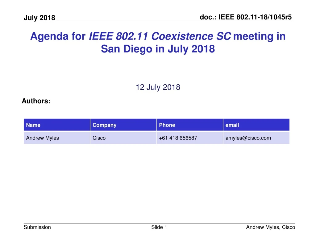 agenda for ieee 802 11 coexistence sc meeting in san diego in july 2018