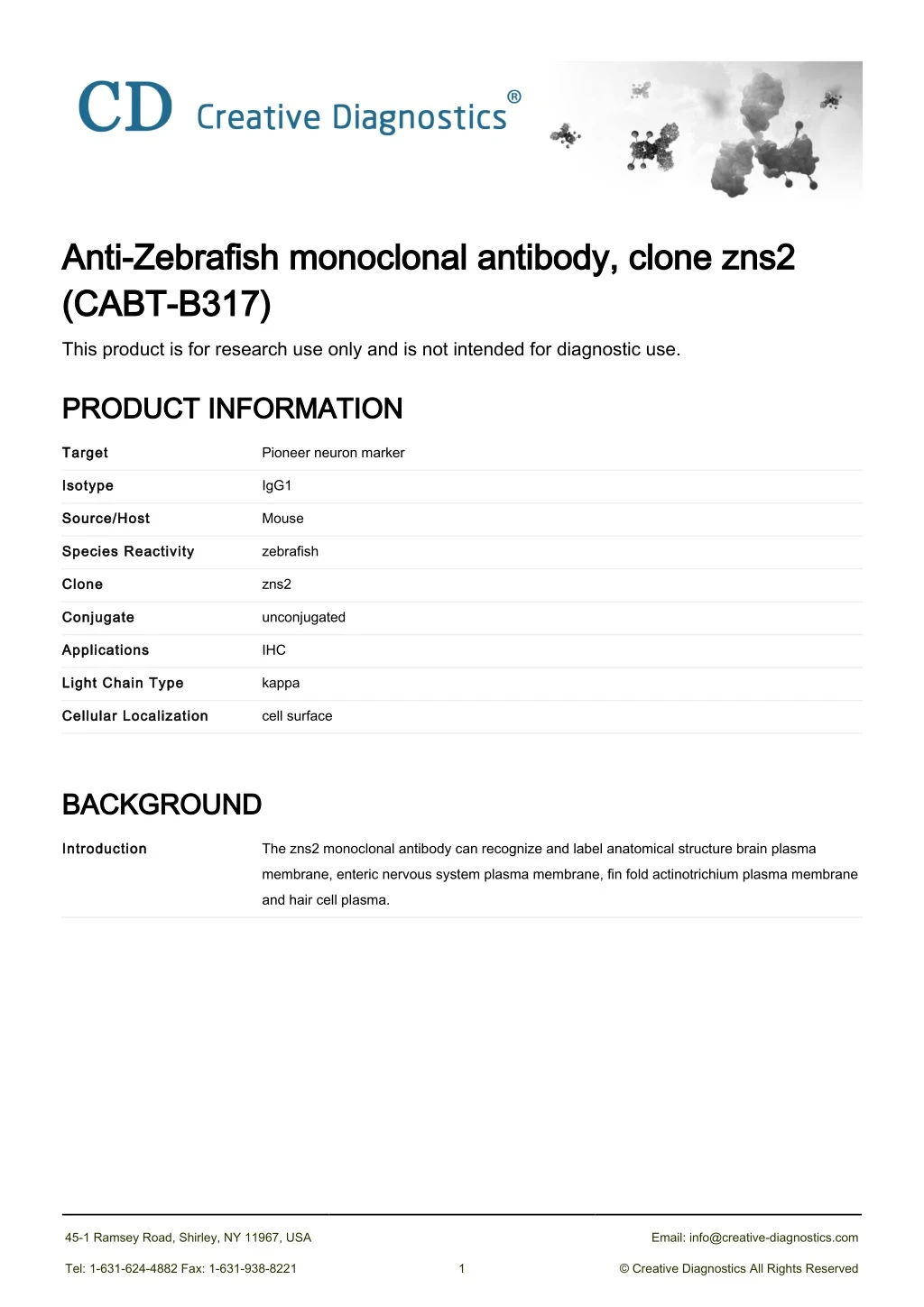 anti zebrafish monoclonal antibody clone zns2
