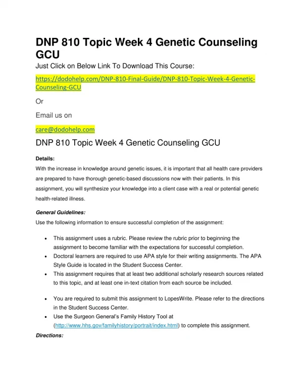 DNP 810 Topic Week 4 Genetic Counseling GCU