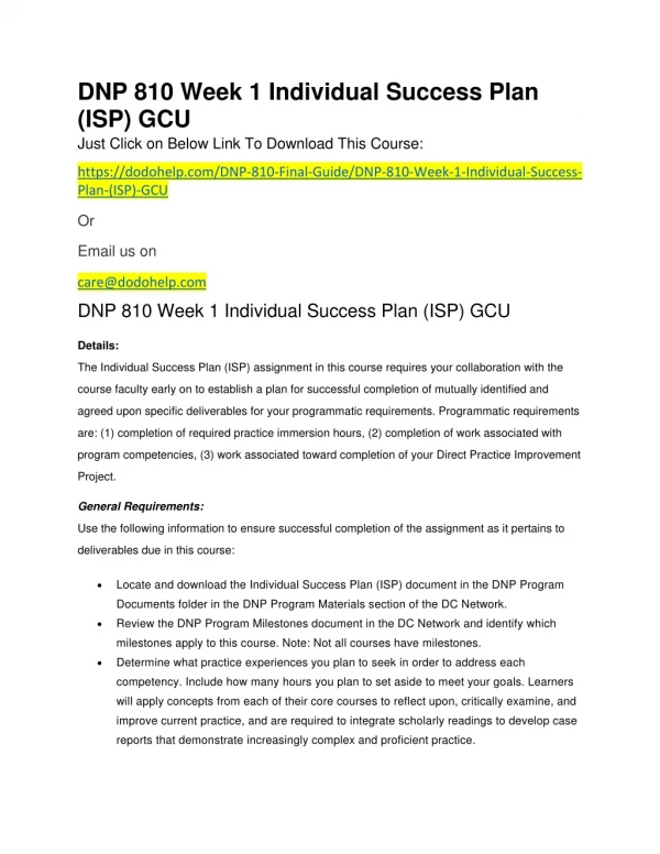 DNP 810 Week 1 Individual Success Plan (ISP) GCU