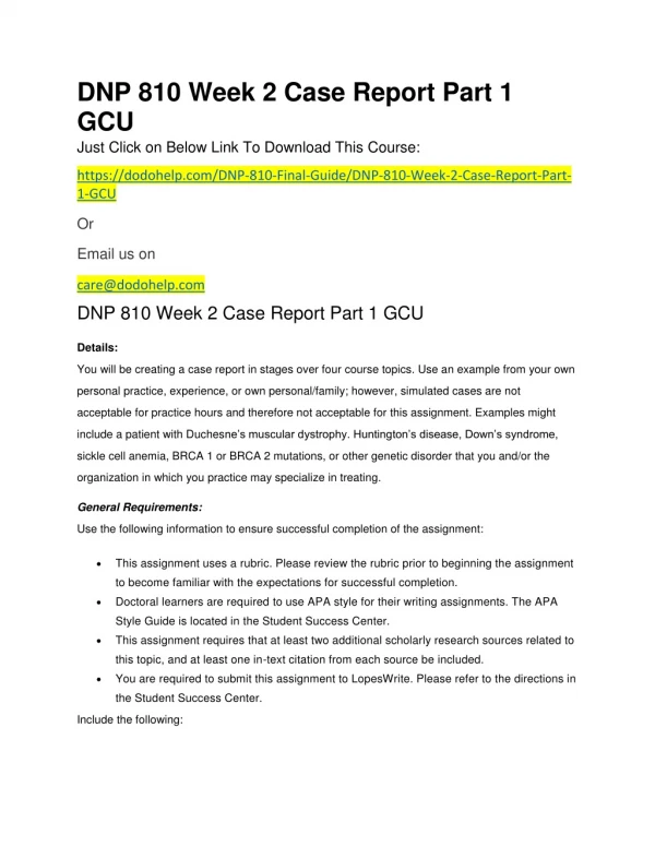 DNP 810 Week 2 Case Report Part 1 GCU