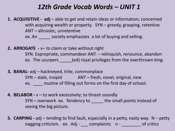 12th Grade Vocab Words – UNIT 1