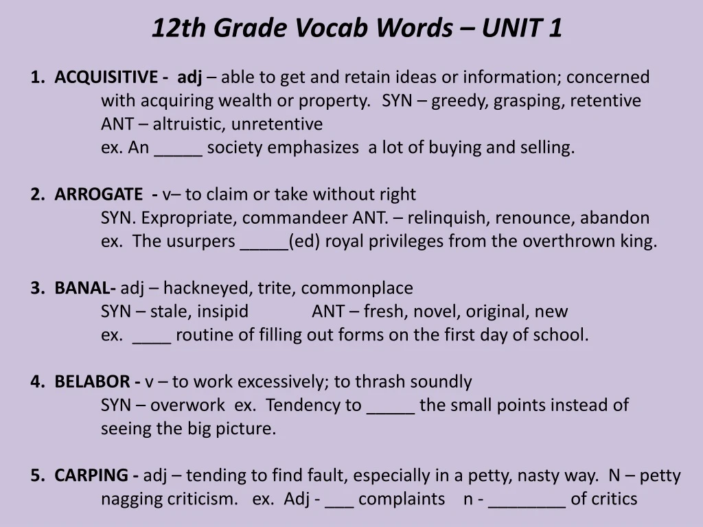12th grade vocab words unit 1