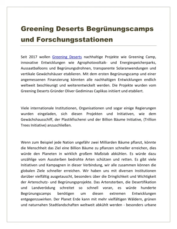 Greening Deserts Begrünungscamps und Forschungsstationen