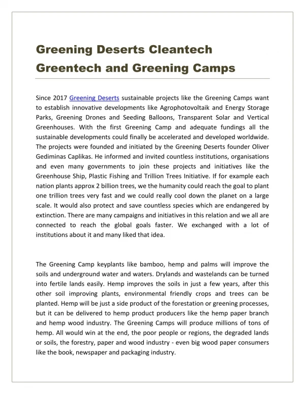 Greening Deserts Cleantech Greentech and Greening Camps