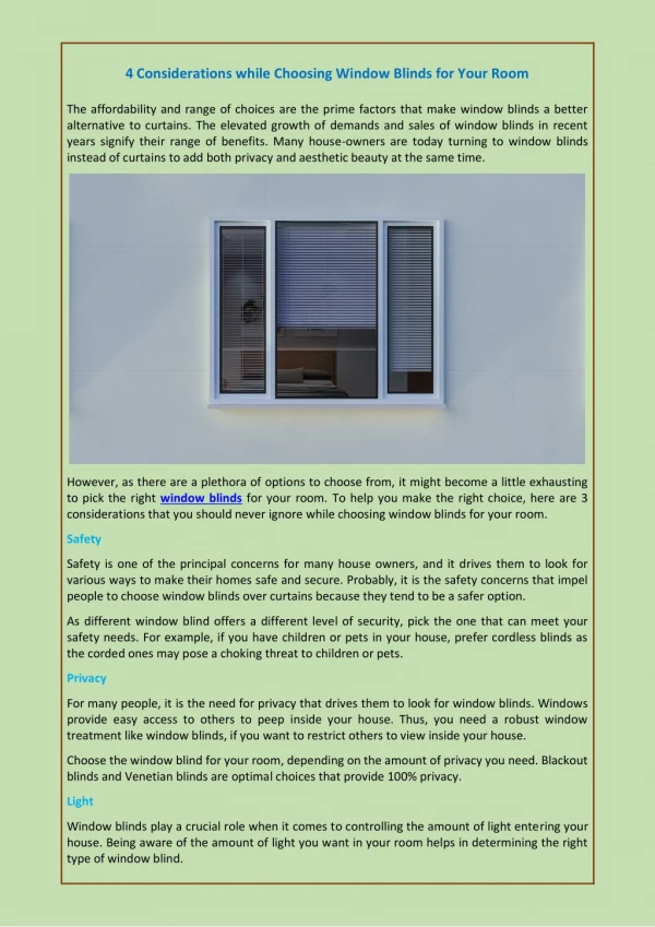4 Considerations while Choosing Window Blinds for Your Room