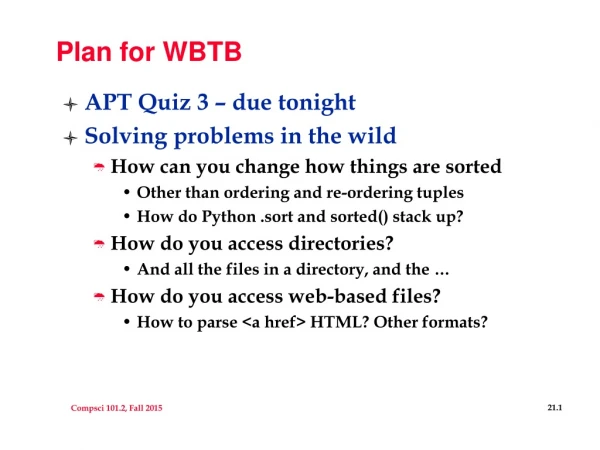 Plan for WBTB