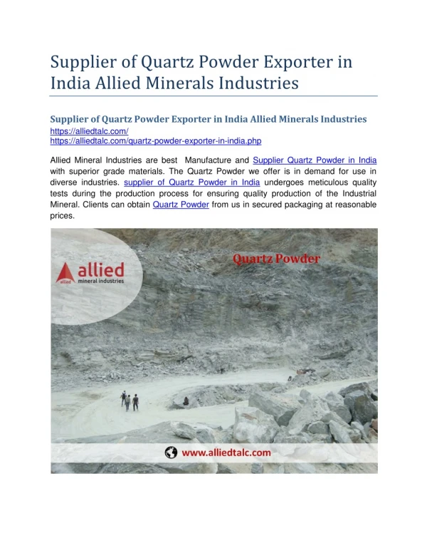 Supplier of Quartz Powder Exporter in India Allied Minerals Industries
