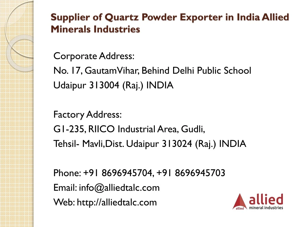 supplier of quartz powder exporter in india allied minerals industries
