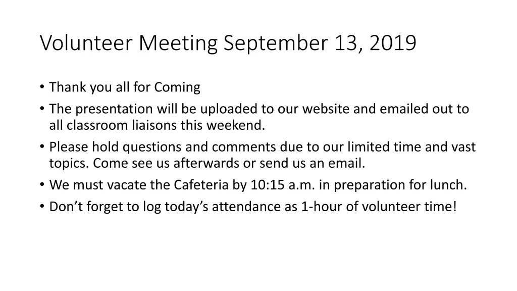 volunteer meeting september 13 2019