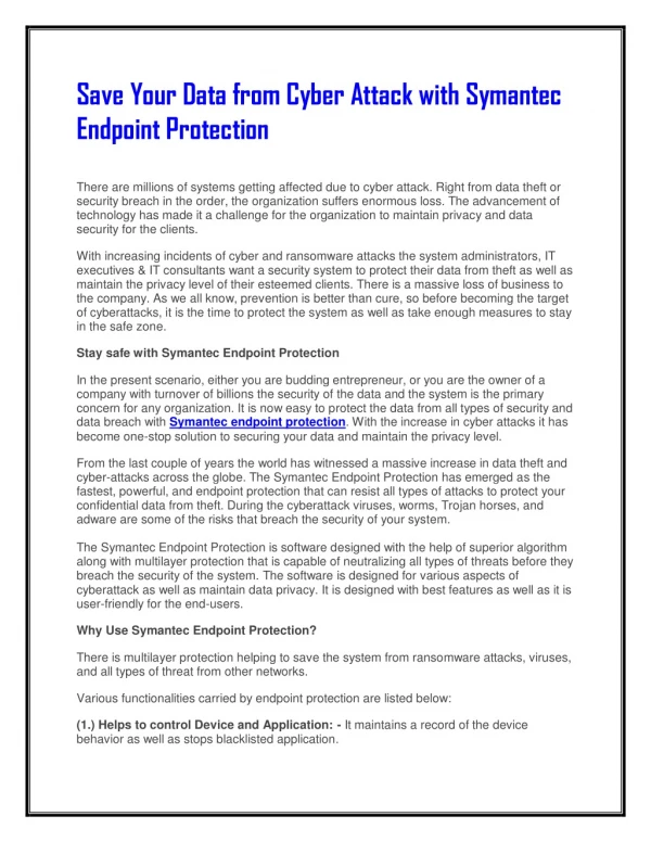 Save Your Data from Cyber Attack with Symantec Endpoint Protection