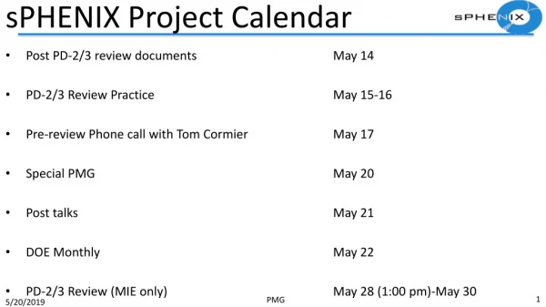sPHENIX Project Calendar