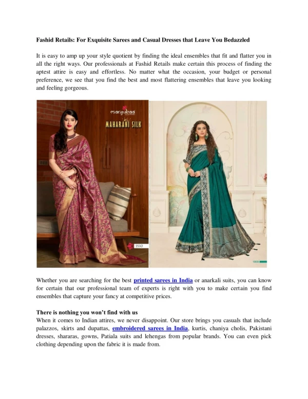 Fashid Retails: For Exquisite Sarees and Casual Dresses that Leave You Bedazzled