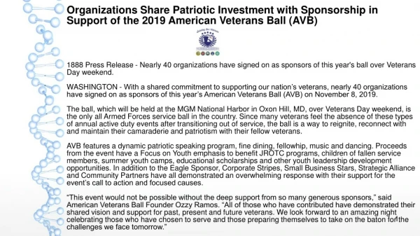 Organizations Share Patriotic Investment with Sponsorship in Support of the 2019 American Veterans Ball (AVB)