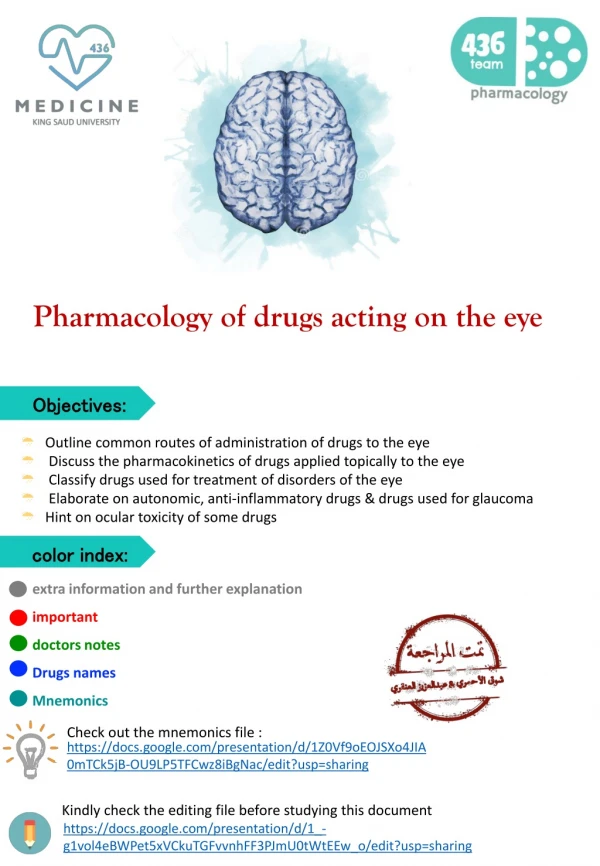 Pharmacology of drugs acting on the eye