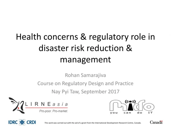 Health concerns &amp; regulatory role in disaster risk reduction &amp; management