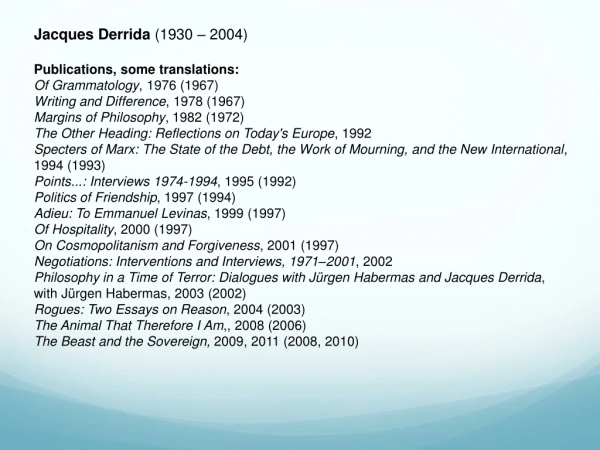 Jacques Derrida (1930 – 2004) Publications, some translations: Of Grammatology , 1976 (1967)