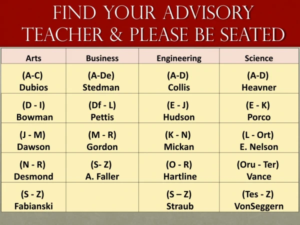 Find Your Advisory teacher &amp; please be seated