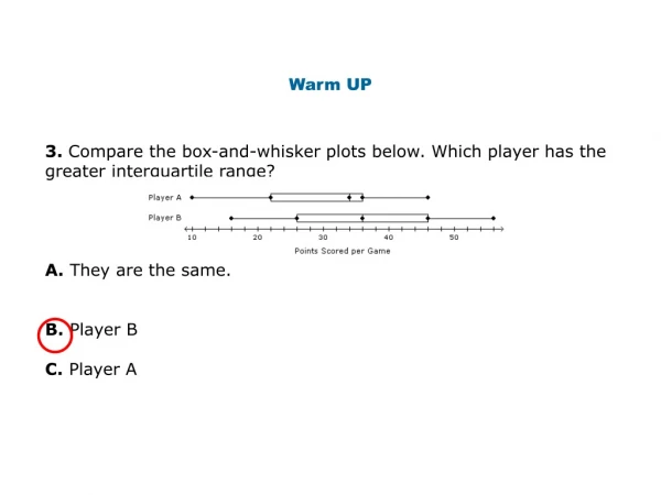 3. Compare the box-and-whisker plots below. Which player has the greater interquartile range?