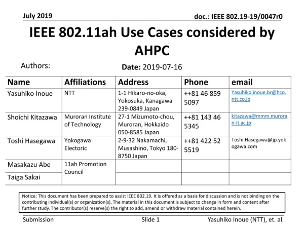 IEEE 802.11ah Use C ases considered by AHPC