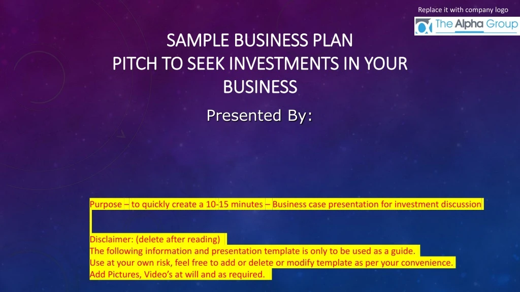 sample business plan pitch to seek investments in your business